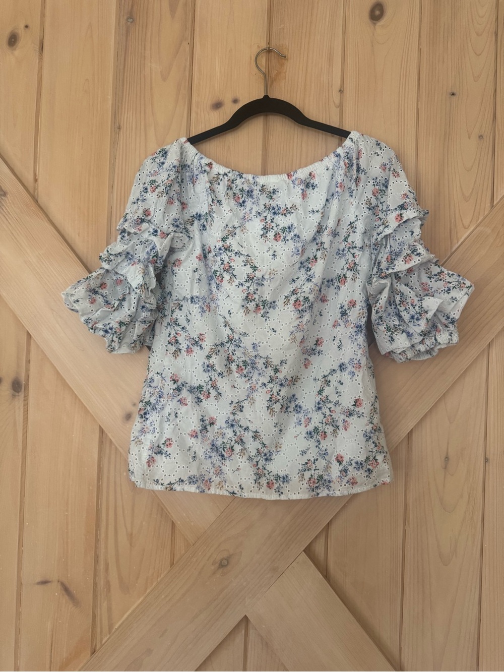 CeCe Light Blue Floral Eyelet Ruffle Sleeve Blouse - Picture 4 of 6